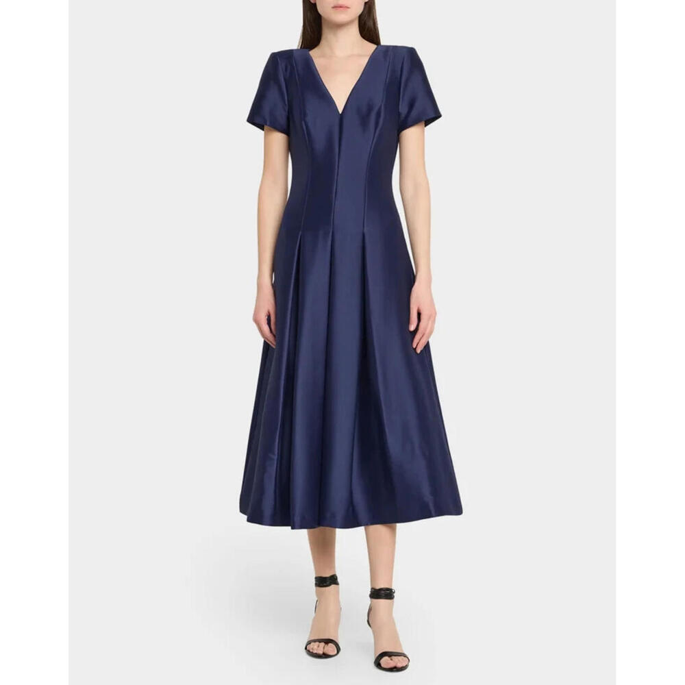 Badgley Mischka Pleated A-Line Midi Dress Teal Blue Cap Sleeve sz 0 Day $670